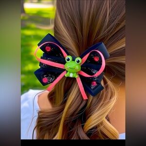 Black and Pink Bow with Frog Accent